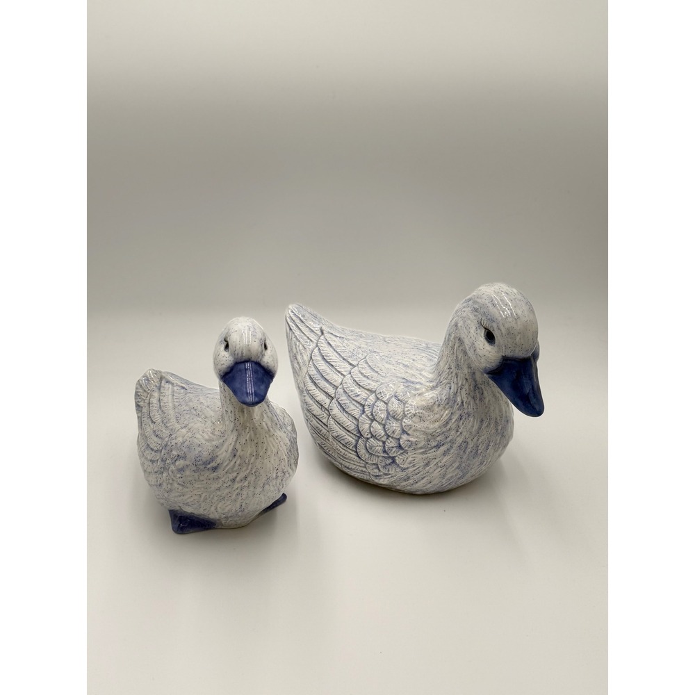 Vintage Blue White Speckled Ceramic Duck Geese Figures Set of 2 Farmhouse Decor